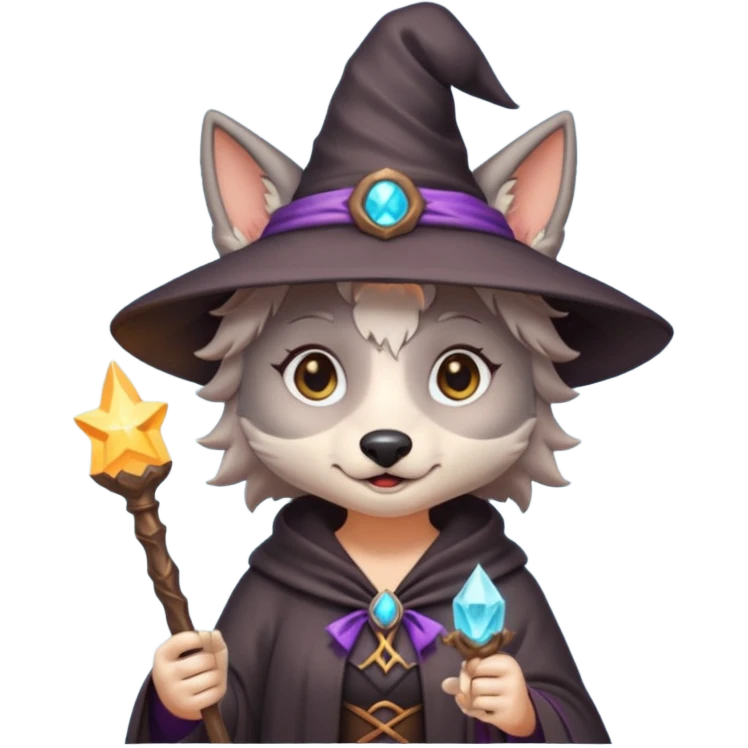 cute wolf witch emoji, holding a magic wand emoji
