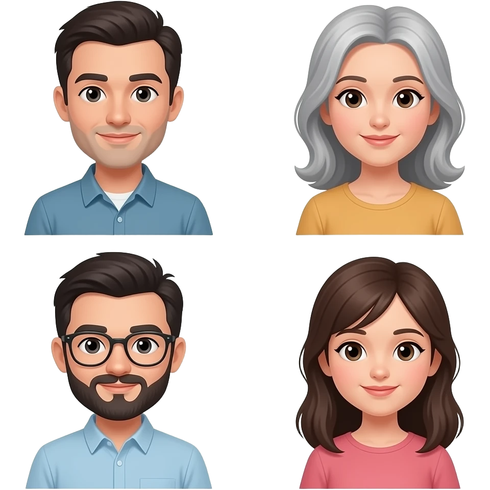 Papa con poco pelo oscuro, Mama delgada con canas, hijo con barba y lentes, hija hermosa emoji