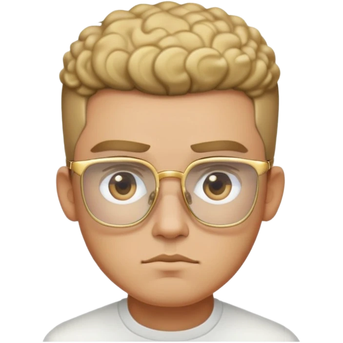 Man with angular square face, thick straight eyebrows, short fade haircut with faded sides and curly top, light stubble, neutral serious expression, wearing large square gold glasses emoji