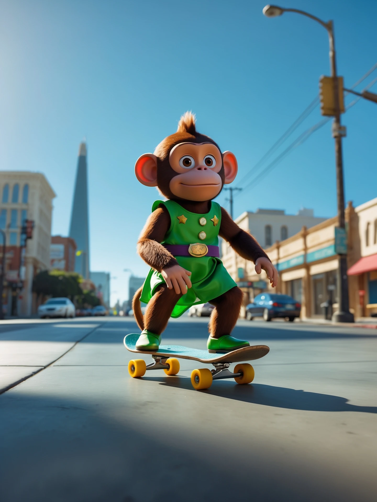 Disney style Cinematic still scane, Low angle shot, monkey dress in green outfit, monkey ride on skateboard, san francisno downtown with city lanscape, blue clean sky, captured by ARRI Alexa XT, soft cinematic lightning, back light, inspired by ToyStory 4 emoji