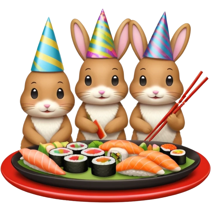four bunnies together eating sushi at a birthday party, all four bunnies clearly visible, vibrant, sushi platters, birthday banner, party hats, festive, different poses, emoji style emoji