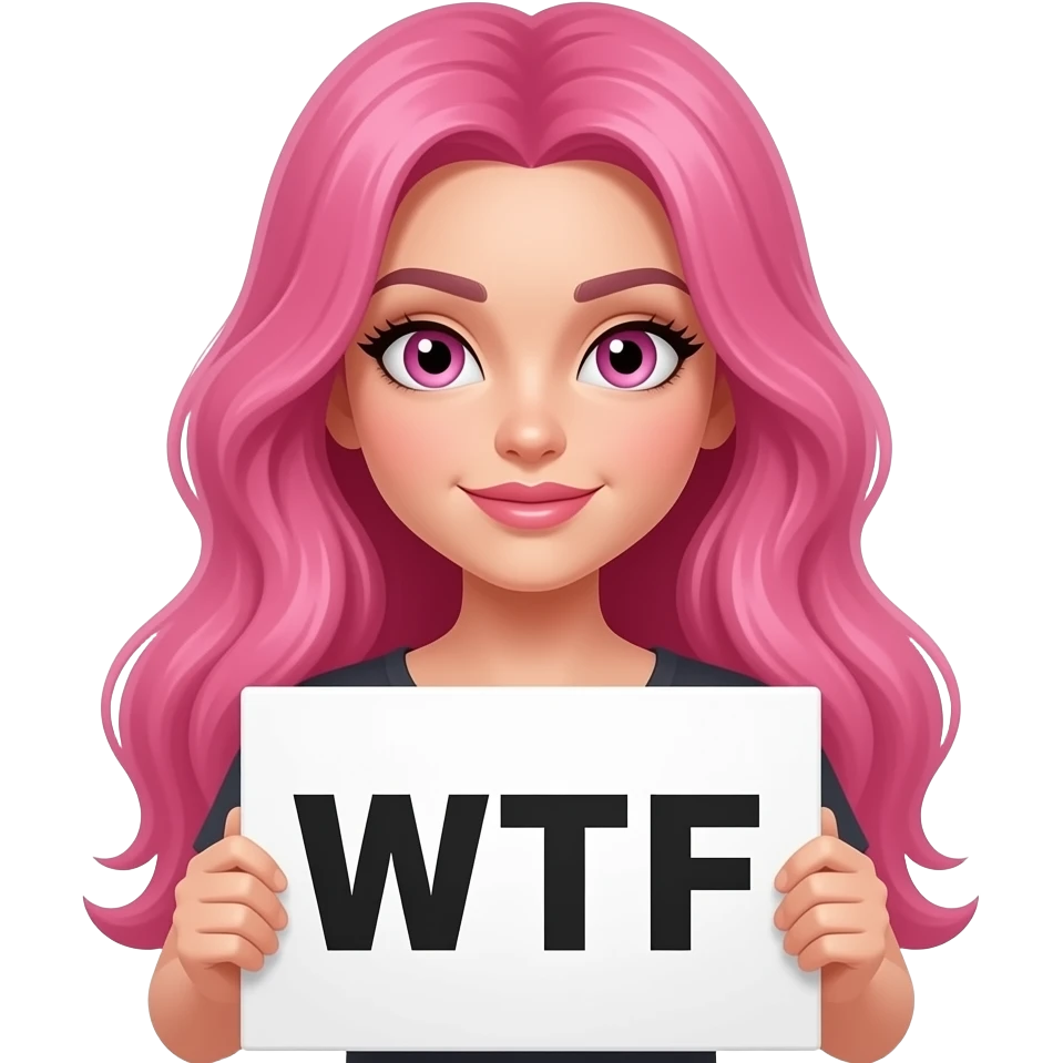 sexy girl with long pink hair and pink eyes wearing a holding a WTF sign emoji