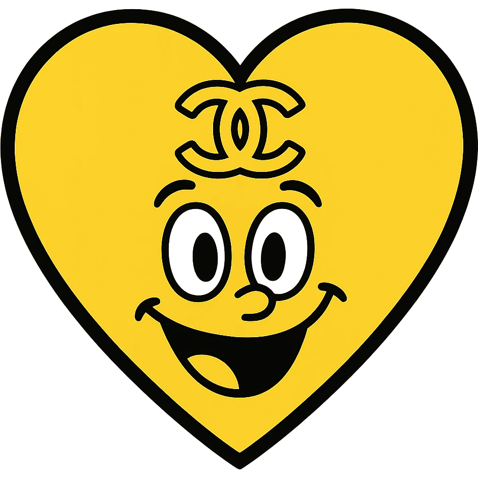 Chanel heart, playful, yellow toon style, black and white with gold accents emoji