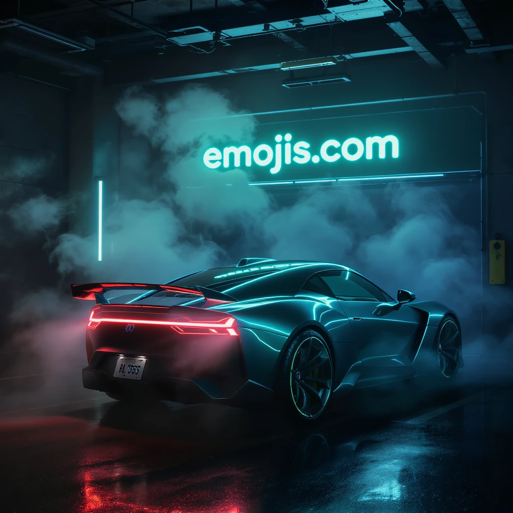 Cinematic still of a futuristic car parked in neon garage with led behind saying "emojis.com", room fill with haze, very detailed and futuristic ,inspired by cyberpunk 2077 emoji