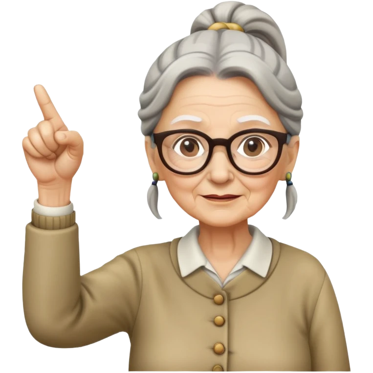 old woman with pony tail and glasses pointing emoji