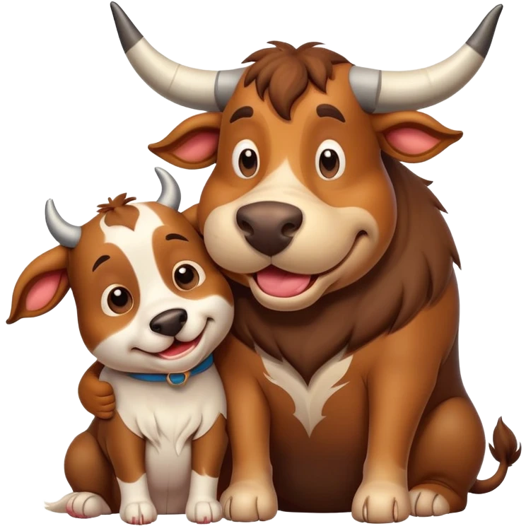 goofy bull with a single horn in the middle of its head hugging a dog emoji