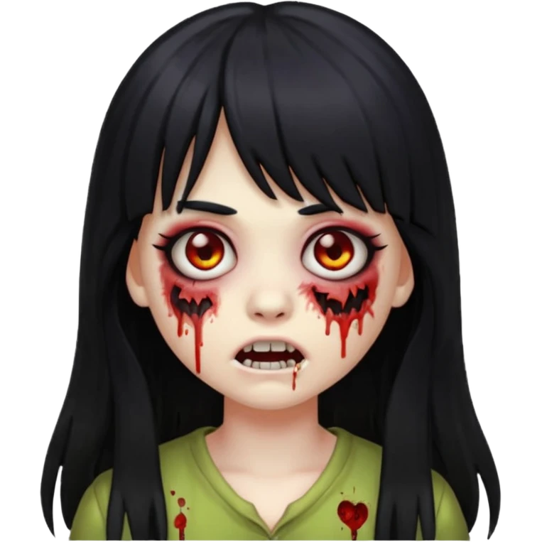 faça o emoji de uma menina zumbi de cabelos longos pretos com franja emoji