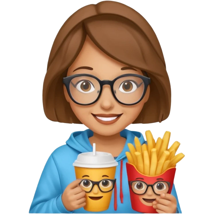 Woman with Glasses & Fries – cheerful woman in hoodie, holding paper cup of fries.





































 emoji