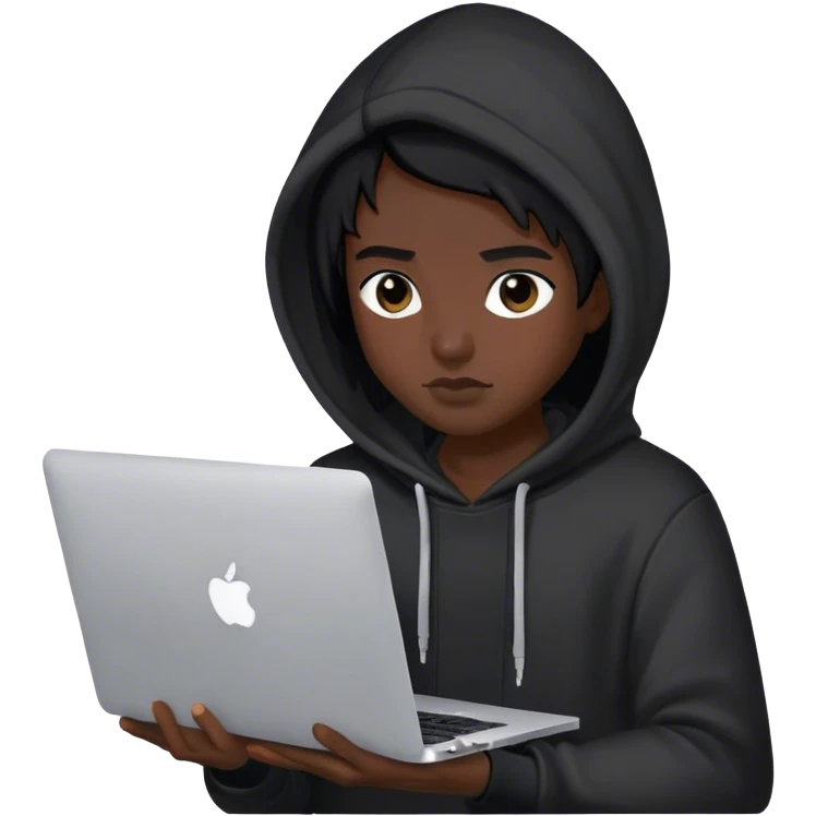 hackeur cheveux noir et capuche noiravec un macbook emoji