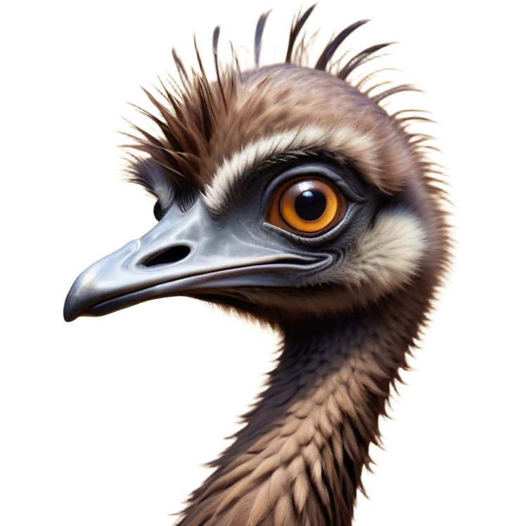 Cinematic Comical Emu Portrait Emoji, Head tilted dramatically with an exaggeratedly amused expression, featuring a striking, textured brown plumage with a comically small head and wide, expressive eyes full of playful disbelief, Simplified yet hilariously expressive features, highly detailed, glowing with a slightly sassy glow, high shine, dramatic yet playful, stylized with an air of cheeky outback mischief, bright and endearing, soft glowing outline, capturing the essence of a spirited and over‐the‐top emu, so meme‐worthy it feels like it could squawk its way into internet fame instantly! emoji
