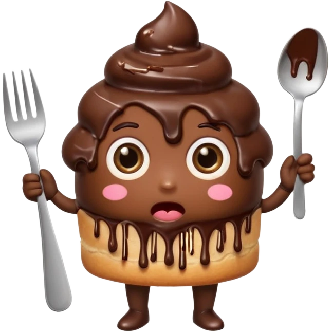 Funny cartoon chocolate mini pastry, holding tiny fork, wide shocked eyes, messy chocolate dripping, chibi style, Twitch emoji style, transparent background, colorful
 emoji