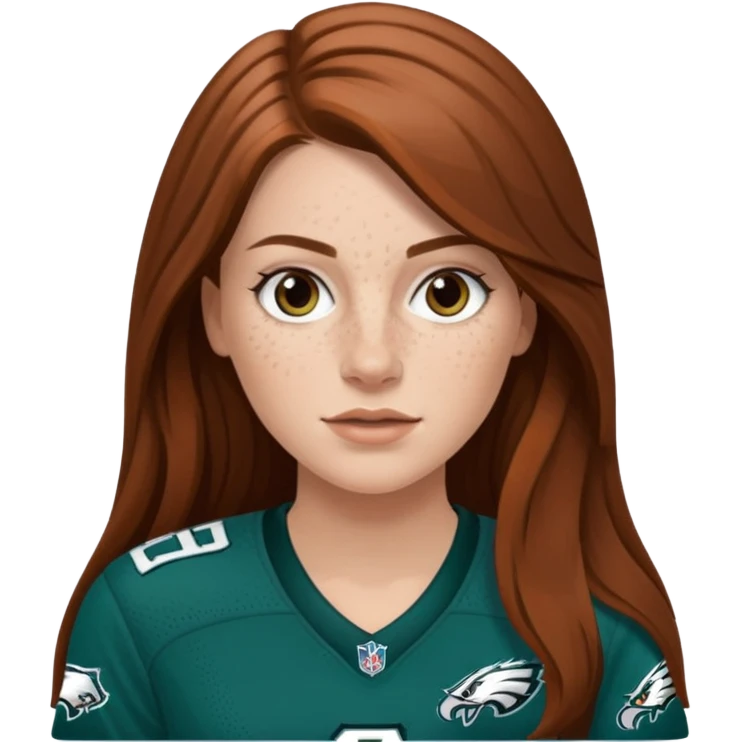 White girl with long medium brown hair and freckles wearring a Philadelphia eagles jersey emoji