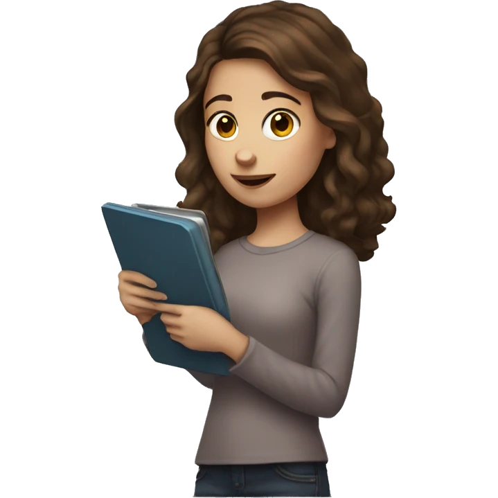 Girl with brown hair holding a kindle emoji