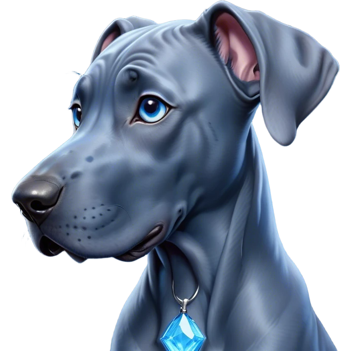 Cinematic Cute Blue Great Dane Portrait Emoji, Head tilted playfully and inquisitively, featuring a glossy blue Fur with a refined sheen, round, sparkling steel-blue eyes filled with curiosity, Simplified yet irresistibly adorable features, highly detailed, glowing with a warm, friendly glow, high shine, affectionate and gentle, stylized with a touch of whimsy, bright and endearing, soft glowing outline, capturing the essence of a mischievous yet loving pup, so playful it feels like it could lumber out of the screen and into your arms! emoji