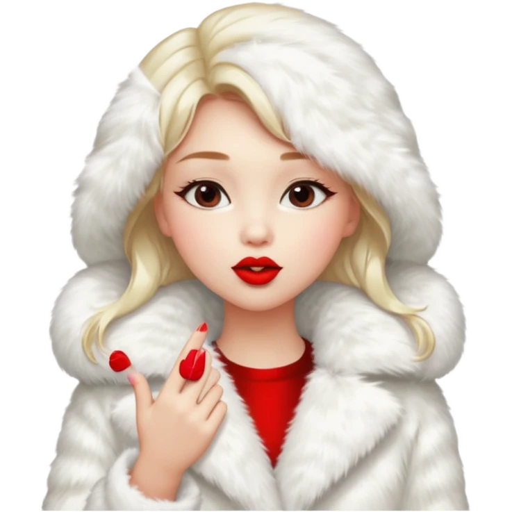 A beautiful, cute girl with red lipstick on her lips in a white fur coat,  in full view, blowing a kiss. emoji