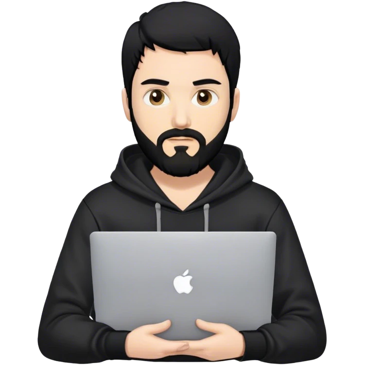 hackeur blanc cheveux noir barbe et capuche noir avec un macbook emoji