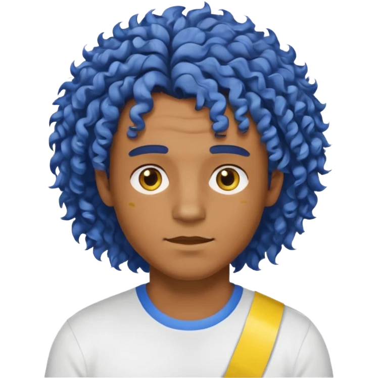 Make me an emoji that has a guy with a white shirt and yellow tape around the shirt with brown and blue spots hair make the hair curly make the yellow tape go around it emoji