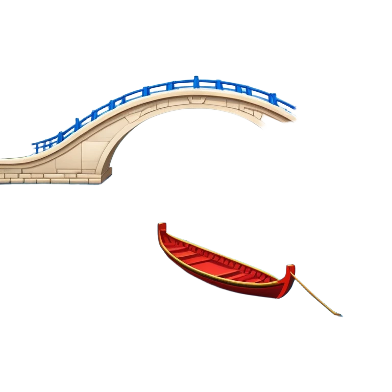 West Lake with Broken Bridge, prominent blue water surface with ripples, small traditional boat on water, symmetrical composition, simplified emoji style with bold outlines, Chinese arch bridge over expanded lake emoji