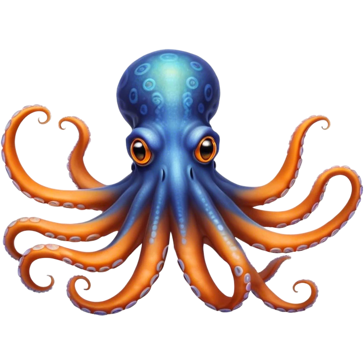 Cinematic Realistic Noble Octopus Portrait Emoji, Poised and majestic, with a sinuous, flowing body in vivid orange accented by intricately detailed blue rings, and intelligent, penetrating eyes that reflect ancient ocean lore; rendered with lifelike texture and natural iridescence, high shine, intelligent and formidable, styled with an aura of mystical marine power, focused and attentive, soft glowing outline, capturing the essence of a watchful and confident octopus that appears ready to glide out of the screen with timeless authority! emoji