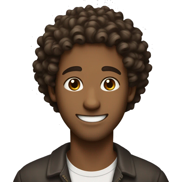 a guy with curly hair and brown eyes that smiles taking the thongue out emoji