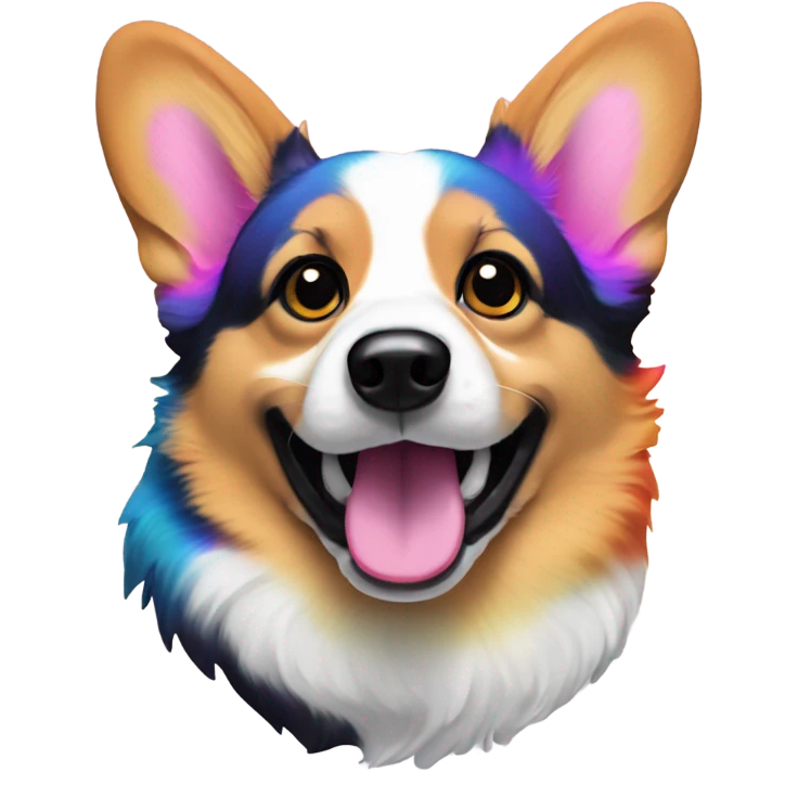 Tri-colored corgi with black near temples in the style of Lisa Frank emoji