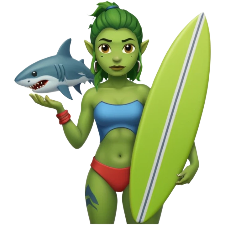 orc female holds a little surfboard with a shark painted vertically in his hands emoji