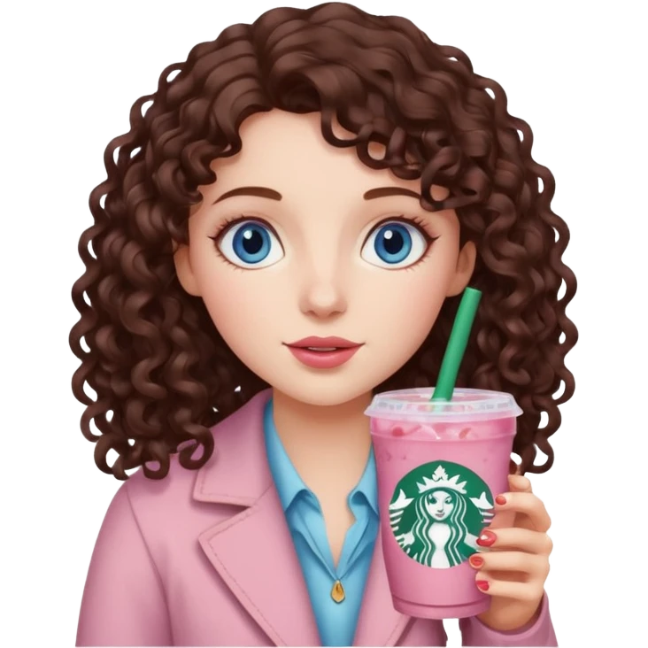 make an emoji of a loose curly brunette, blue-eye girl, wearing light pink drinking a strawberry acai refresher from starbucks emoji
