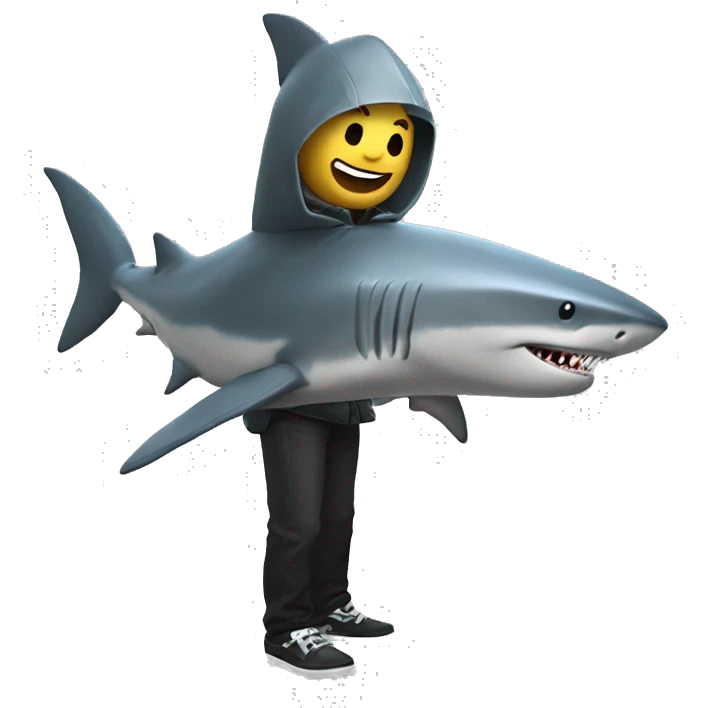 roblox character who is grey with the man face wearing a shark costume that is eating the upper part of his body, the costume has a hole in the sharks tail for the mans face emoji