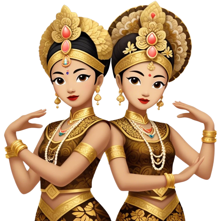 ​Cinematic Realistic Traditional Javanese Dancers, depicted as two graceful dancers in ornate traditional costumes with intricate batik patterns and elaborate headpieces, captured in dynamic poses during a ritual dance in an ancient temple courtyard, rendered with soft golden lighting and rich cultural textures, emoji