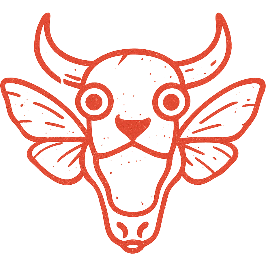 a minimalist red line art icon of only a terrifying fused head with minotaur skull horns, stoat face structure, frog eyes, and moth wings growing from the sides of the skull, transparent middle, extremely weathered and scratched appearance with deliberately missing sections, torn edges, and smudged lines, sparse red elements only emoji