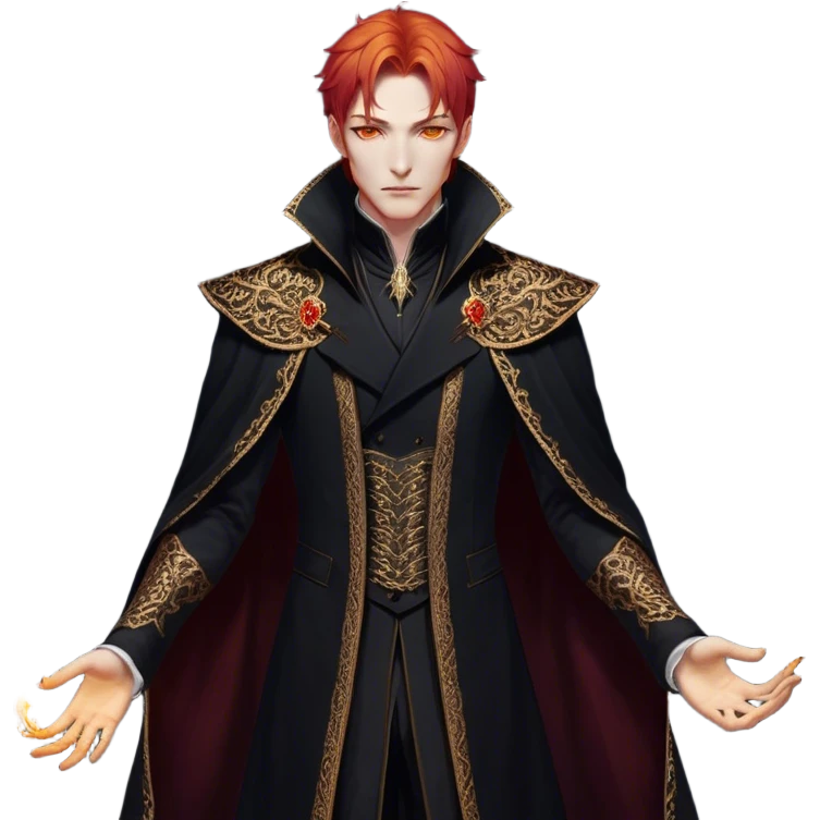 A tall and strikingly elegant High Fae male with fiery red hair, his golden eyes gleaming with cunning intelligence. He wears a luxurious black coat trimmed with copper embroidery, the fabric lined with fine gold stitching. His posture is relaxed yet calculated, his expression unreadable—except for the ghost of an arrogant smirk playing at his lips emoji