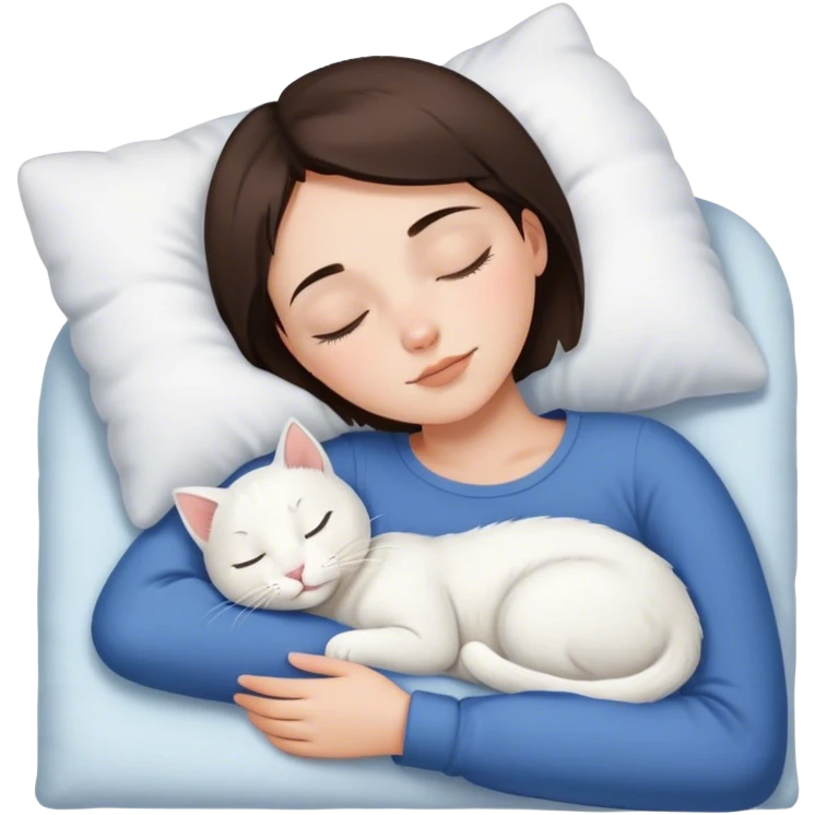 White kitty sleeping on brunette white girl short hair  emoji