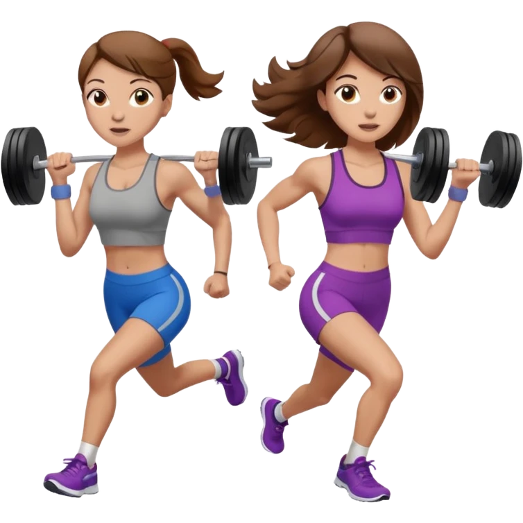 two women. only one is running. the other is only lifting weights. brown hair, light skin, hazel eyes. emoji