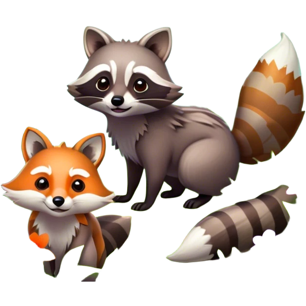 raccoon and a fox among a colorful forest with vibrant green trees, bushes and flowers. The animals are in the foreground, surrounded by a lush, bright forest, with soft sunlight filtering through the leaves. A playful photo-realistic and wild scene with a transparent background. emoji