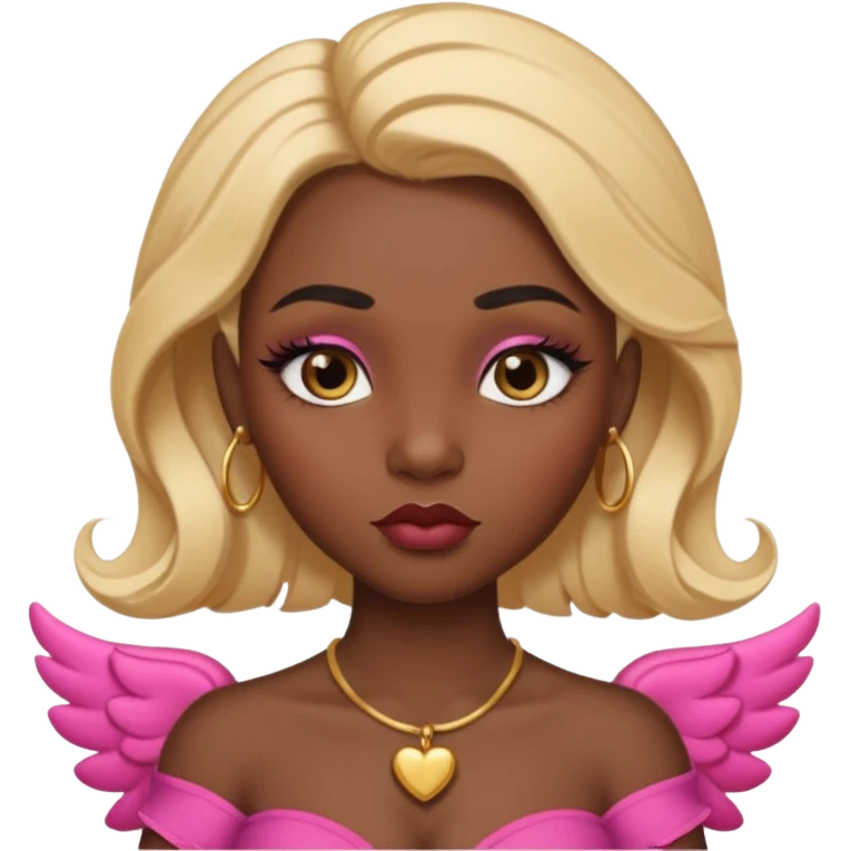 darkskin female with eyebrows that are naturally shaped and frame eyes well, eyes that are almond-shaped with defined lashes. nd lips are full with a defined cupid’s bow, add also a septum piercing that adds an edgy, stylish flair. a middle-part, honey blonde bust-down with laid baby hairs emoji