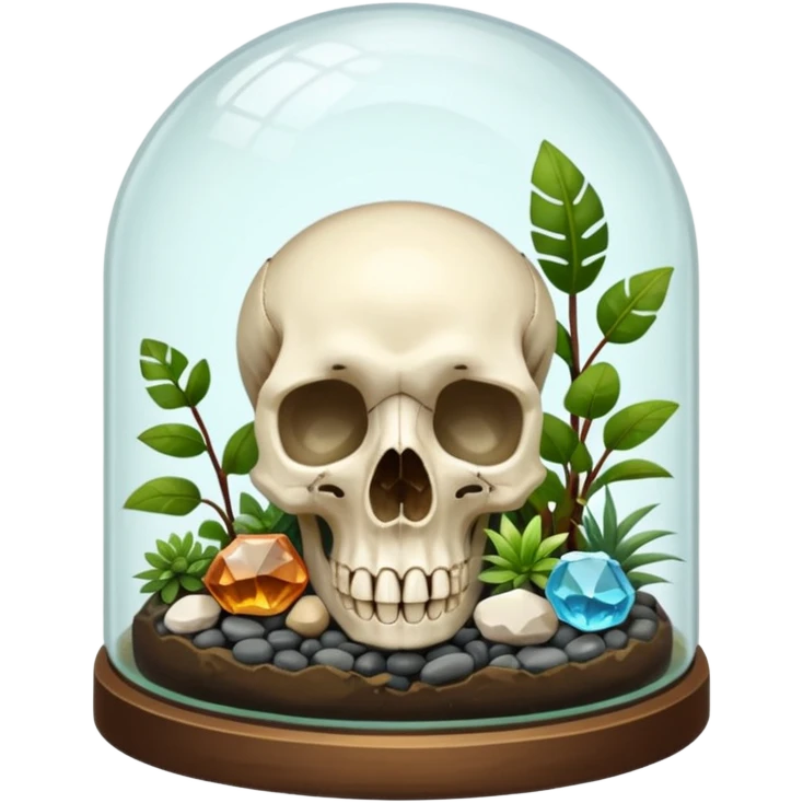 A terrarium glass dome with an animal skull inside, shiny pebbles and crystal inside. And plants inside  emoji