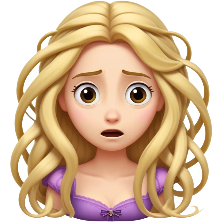 Cinematic Funny Rapunzel Portrait Emoji, Looking exhausted while tangled in her own hair, a dramatic sigh, eyes rolling with humorous exasperation, a hilariously relatable moment for the long-haired princess! emoji