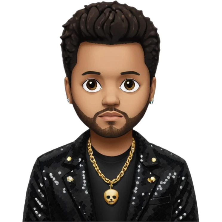 The Weeknd with black sequin jacket, black shirt with necklace, dark brown hair emoji