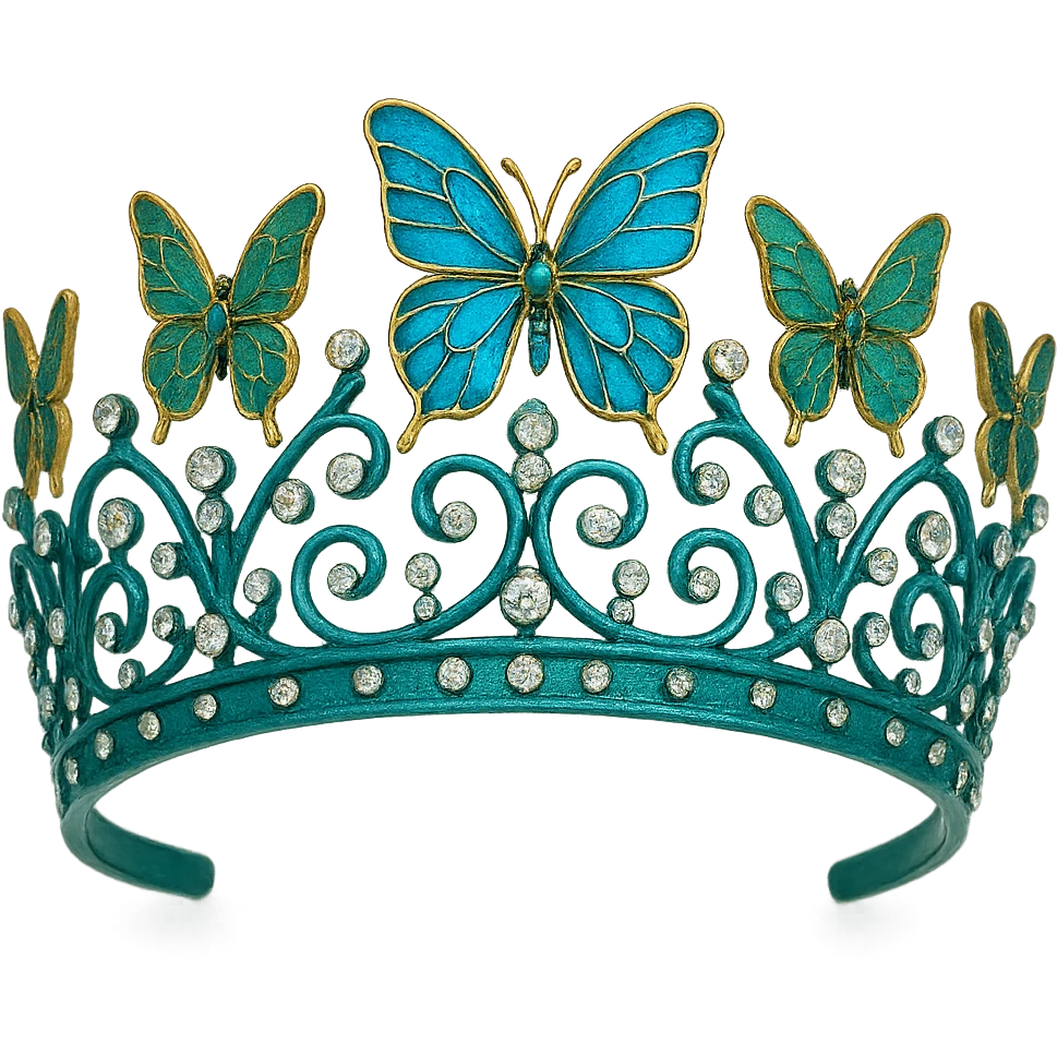 butterfly crown with a teal base, butterflies in blue and green enamel, sparkling gems, transparent background emoji