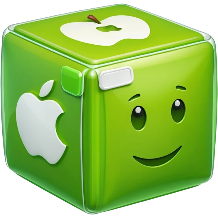 large cube-shaped box wrapped in bright green plastic with white labels, apple style emoji, inspired by reference photo emoji