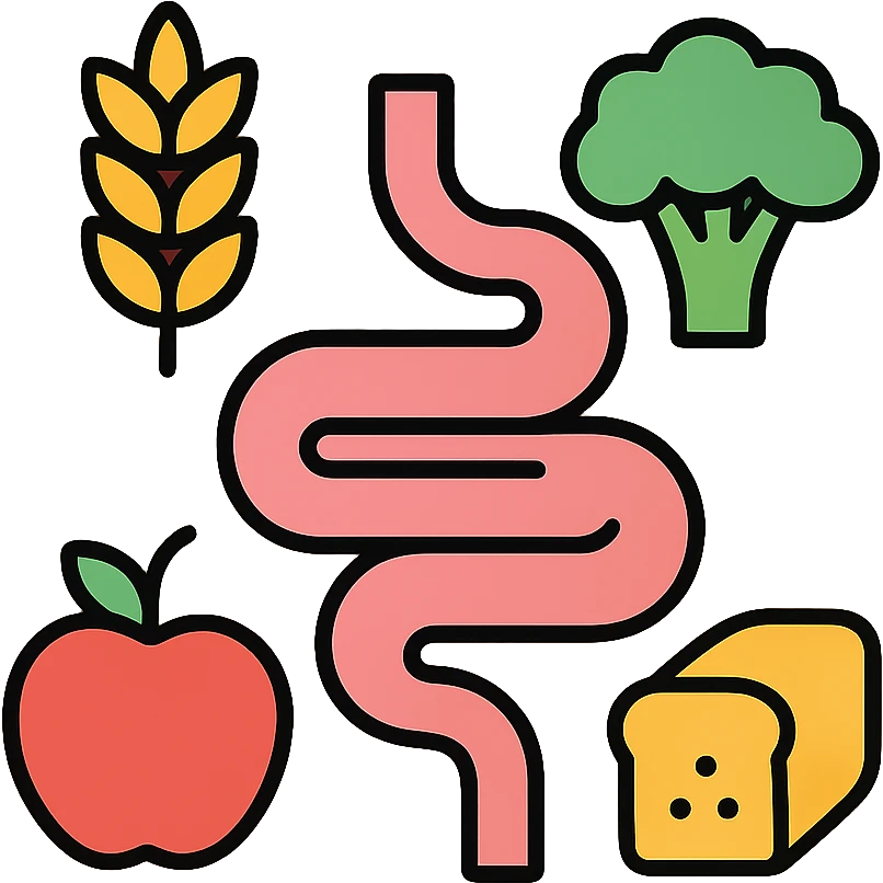 Dietary fiber icon with a stylized intestine and various fiber sources like grains, vegetables and fruits arranged around it, showing fiber's journey through the digestive system emoji