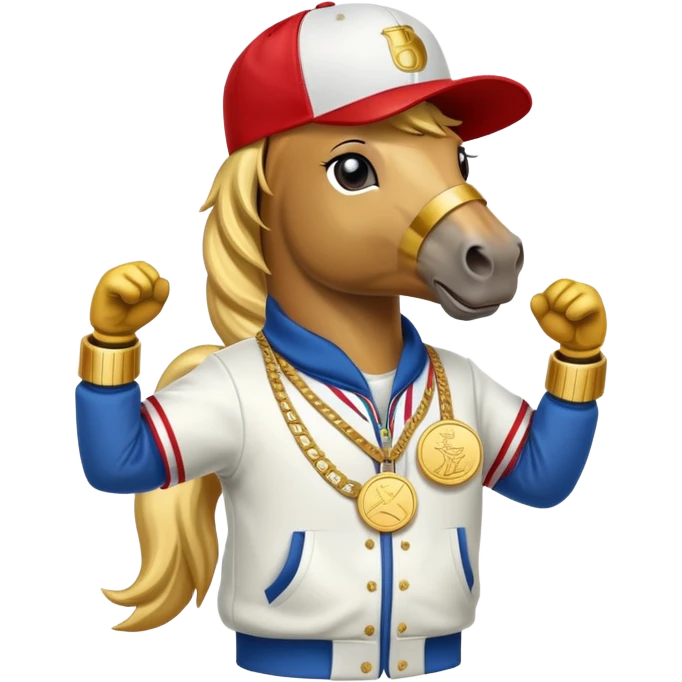 anthropomorphised horse dressed like a member of RUN DMC, hip-hop outfit, gold medal, baseball hat emoji