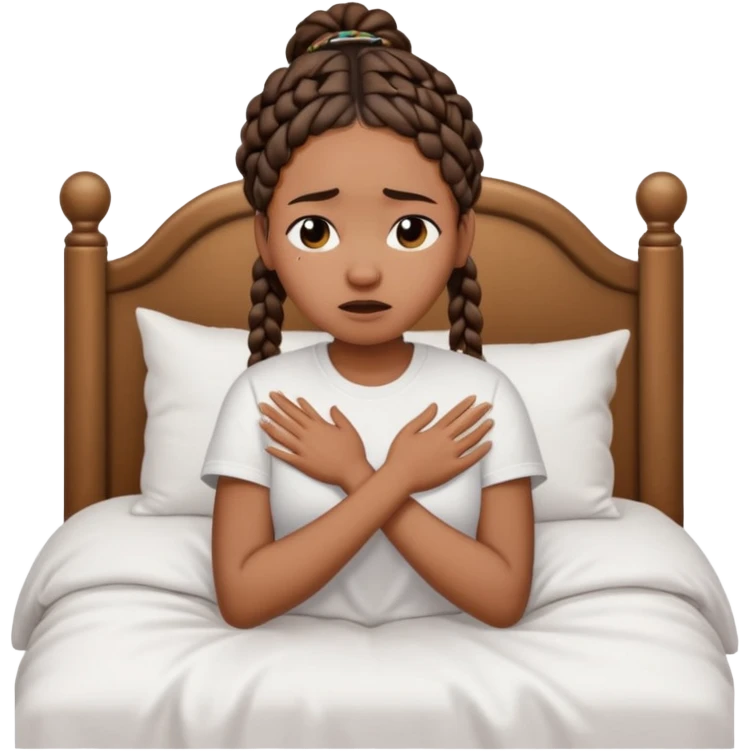Black woman with braids in a big king size bed by herself crying emoji