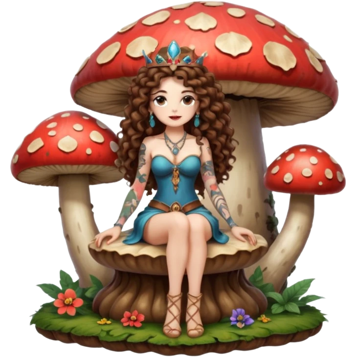 full body view of a woman with long curly brown hair, brown eyes, white skin, tattoos, sitting on a giant mushroom throne, legs crossed, mystical queen vibe emoji