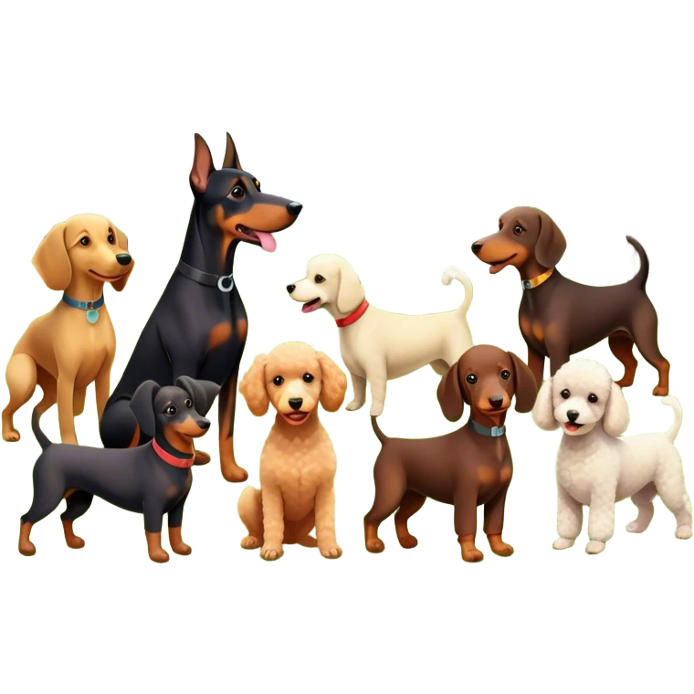 Collage of dogs breeds like Doberman, Poodle, Dachshund, in a park with trees and grass. A joyful, colorful scene with playful expressions. Transparent background. emoji