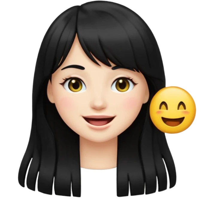 pretty white girl with long black hair and thick bangs, winking face, emoji style emoji