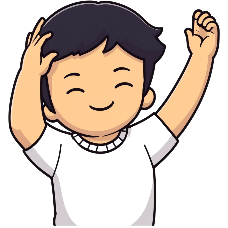 white boy smiling with right hand behind head, black hair, closed eyes emoji