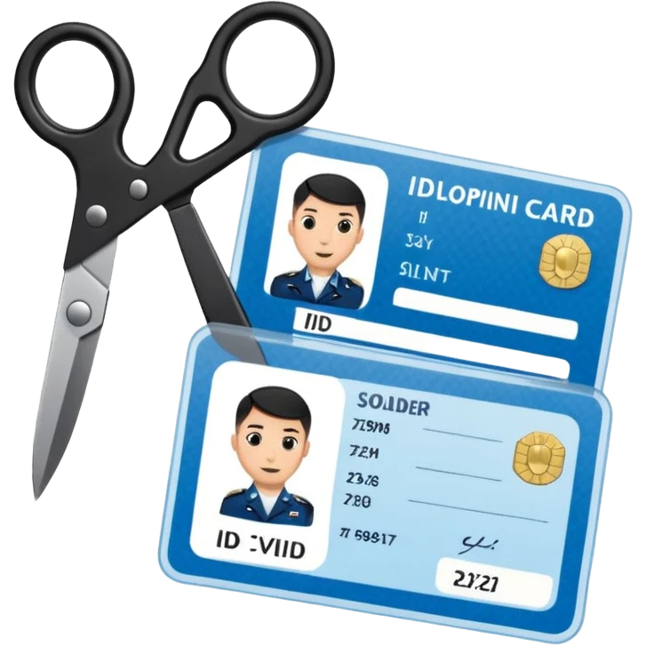 Floating black Scissors cutting in half an idf soldier ID card with a little chip in 2 parts emoji
