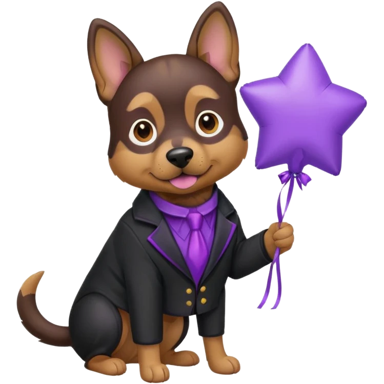 Dog hold purple star shape balloon, black jacket emoji