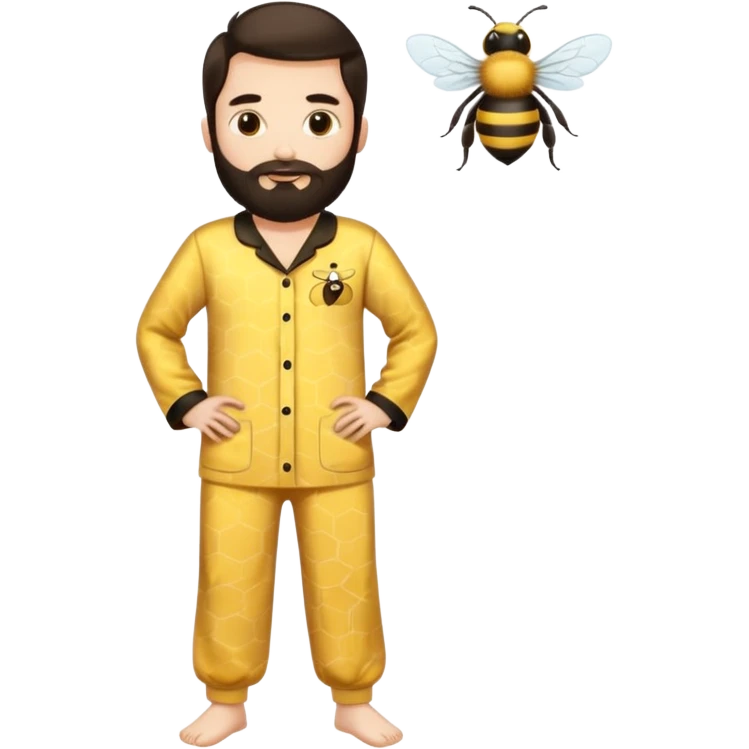 Grown up man with long dark brown long hair, white skin, medium beard, full body in cute bee pijama emoji